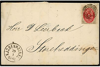 4 sk. Tofarvet på brev annulleret med nr.stempel 1 og sidestemplet lapidar Kjøbenhavn.K.B. d. 29.1.1873 til Storeheddinge.