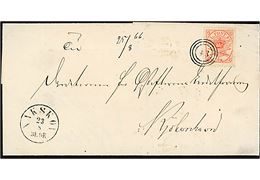 Vendebrev. Ufrankeret portobrev fra Kjøbenhavn d. 11.8.1866 til Nakskov. Vendt og returneret med 4 sk. Krone/Scepter annulleret med nr.stempel 43 og sidestemplet antiqua Nakskov d. 23.8.1866 til Kjøbenhavn.