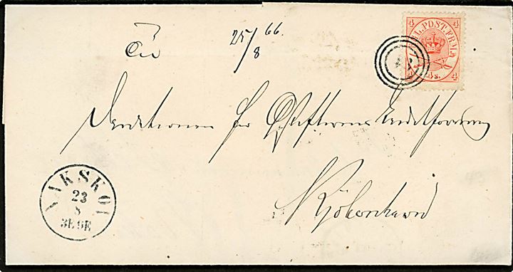 Vendebrev. Ufrankeret portobrev fra Kjøbenhavn d. 11.8.1866 til Nakskov. Vendt og returneret med 4 sk. Krone/Scepter annulleret med nr.stempel 43 og sidestemplet antiqua Nakskov d. 23.8.1866 til Kjøbenhavn.