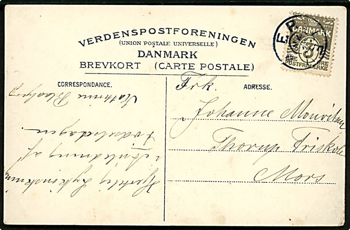 3 øre Bølgelinie på lokalt brevkort annulleret med stjernestempel ERSLEV til Thorup Friskole på Mors.