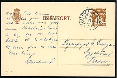 10 øre helsagsbrevkort (fabr. 105-H) annulleret med brotype Ic Uglev d. 9.2.1933 til Tarm.
