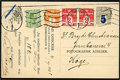 5/3 øre provisorisk helsagsbrevkort opfrankeret med 1 øre, 2 øre (par) Bølgelinie og 5 øre Chr. X fra Kjøbenhavn d. 4.7.1921 til Køge. Nålehul.