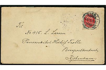 8 øre Tofarvet omv. rm. på brev fra Stege d. 15.8.1902 til sømand ombord på Panserskibet Herluf Trolle via Brevpostkontoret i København.