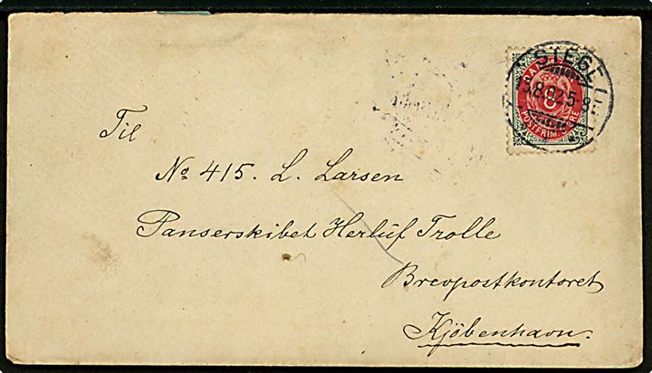 8 øre Tofarvet omv. rm. på brev fra Stege d. 15.8.1902 til sømand ombord på Panserskibet Herluf Trolle via Brevpostkontoret i København.
