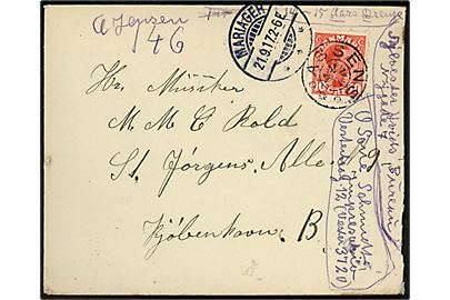 10 øre Chr. X på brev annulleret med stjernestempel ASSENS og sidestemplet Mariager d. 21.9.1917 til København.