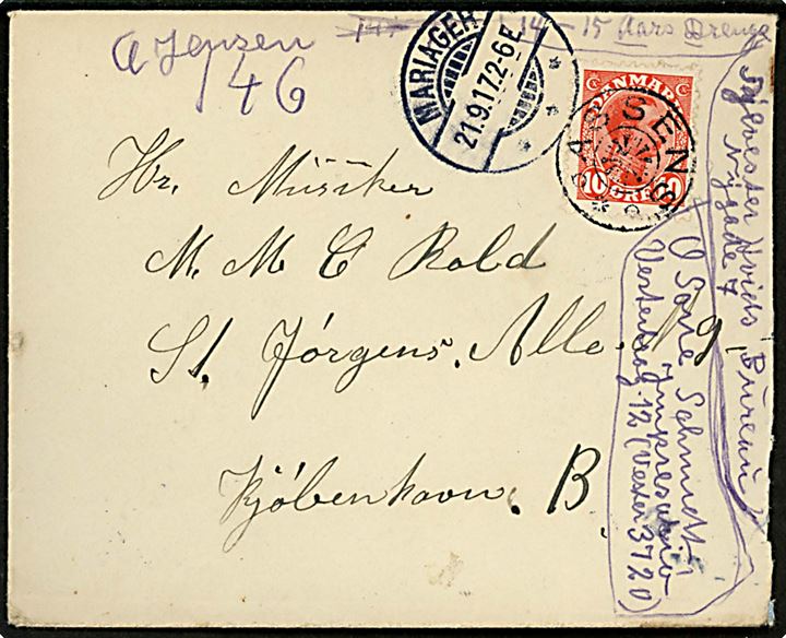 10 øre Chr. X på brev annulleret med stjernestempel ASSENS og sidestemplet Mariager d. 21.9.1917 til København.