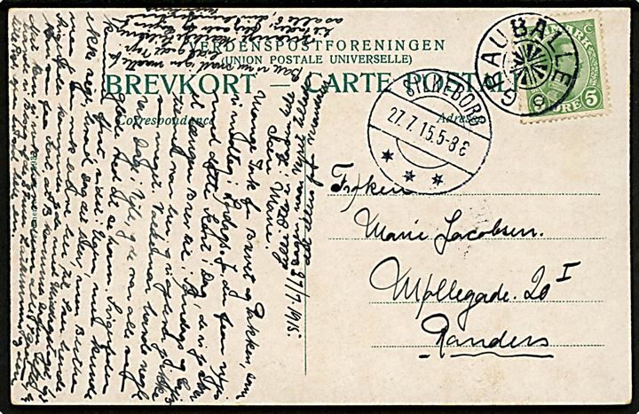 5 øre Chr. X på brevkort annulleret med stjernestempel GRAUBALLE og sidestemplet Silkeborg d. 27.7.1915 til Randers.