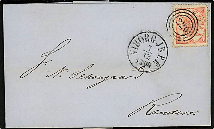4 sk. Krone/Scepter på brev annulleret med nr.stempel 220 og sidestemplet antiqua Viborg JB.P.E: d. 7.12.1864 via Jydske JB.P.B. til Randers.