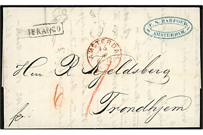 1862. Ufrankeret Franco-brev med rødt stempel Amsterdam d. 15.4.1862 via K.D.O.P.A. Hamburg d. 16.4.1862 til Trondhjem, Norge. Flere påtegninger.