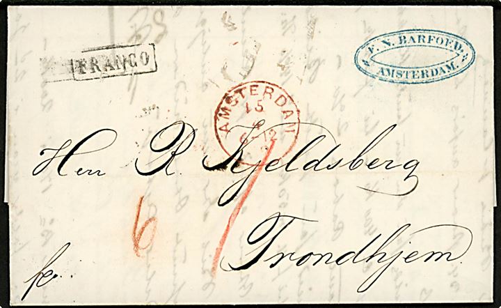 1862. Ufrankeret Franco-brev med rødt stempel Amsterdam d. 15.4.1862 via K.D.O.P.A. Hamburg d. 16.4.1862 til Trondhjem, Norge. Flere påtegninger.