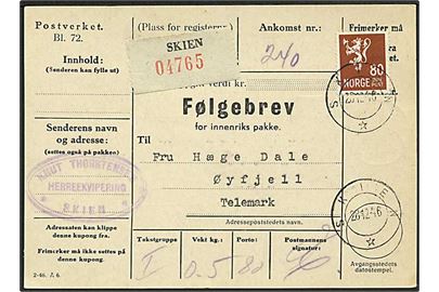80 øre Løve single på adressekort for pakke fra Skien d. 28.12.1946 til Øyfjell.