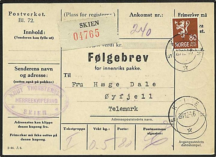 80 øre Løve single på adressekort for pakke fra Skien d. 28.12.1946 til Øyfjell.