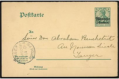Tysk post i Marokko. 5 Centimes/5 pfg. Germania Marocco spørgedel af dobbelt helsagsbrevkort med meddelelse dateret i Casablanca d. 8.4.1908 til Tanger. Ank.stemplet Tanger (Morocco) Deutsche Post d. 9.4.1908.