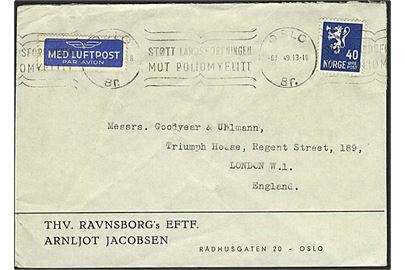 40 øre Løve single på luftpostbrev fra Oslo d. 8.1.1949 til London, England.