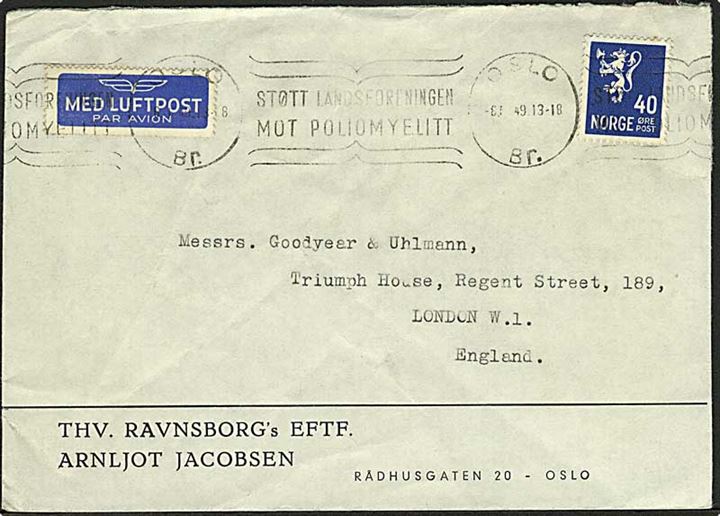 40 øre Løve single på luftpostbrev fra Oslo d. 8.1.1949 til London, England.