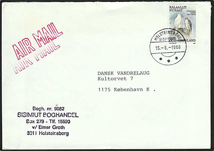 3 kr. Jagtfalk single på luftpostbrev fra Holsteinsborg d. 15.6.1988 til København, Danmark.