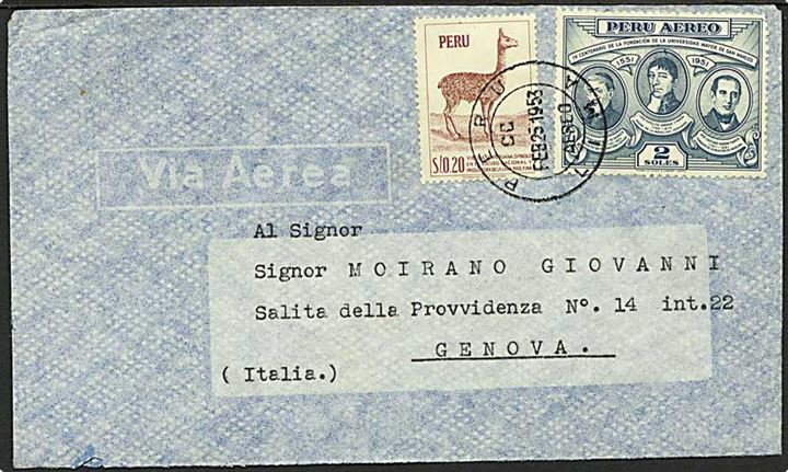 2,20 s. blandingsfrankeret luftpostbrev fra Lima d. 25.2.1953 til Genova, Italien.