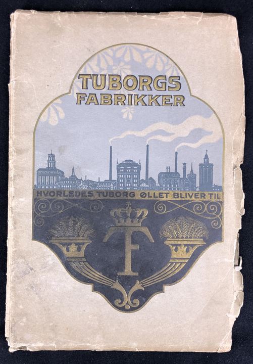Tuborgs Fabrikker - hvorledes Tuborg øllet bliver til. Omslag med en lang planche med 20 kolorerede  helsidesillustrationer, der illustrerer Tuborg-øllets tilblivelse, med ledsagende beskrivelser. Omslag med skrøbelige kanter. L. Levison Junr.