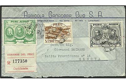2,50 s. blandingsfrankeret anbefalet luftpostbrev fra Lima 1952 til Genova, Italien.