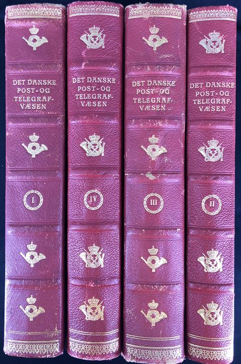 Det danske Post- og Telegrafvæsen af H. Hjorth-Nielsen. 4-binds værk 578+450+623+600 sider. Et eftertragtet værk blandt posthistorikere og hjemstavnssamlere. Lidt slidt i indbindingen.