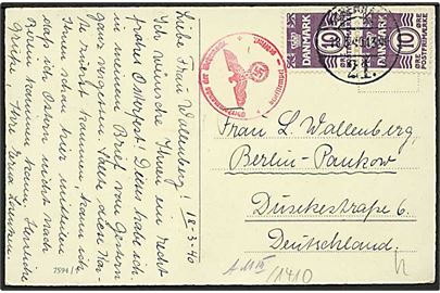 10 øre Bølgelinie i parstykke på brevkort fra København 21 d. 18.3.1940 til Berlin, Tyskland. Tysk censur.