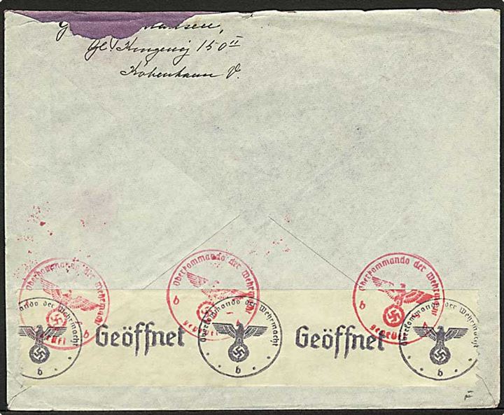 5 øre Bølgelinie og 20 øre Karavel i 3-stribe på luftpostbrev fra København d. 19.11.1941 til Leipzig, Tyskland. Åbnet af tysk censur.