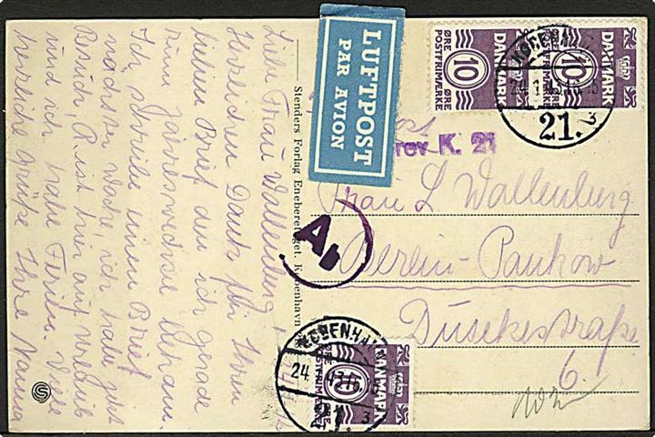 10 øre Bølgelinie (3) på luftpost brevkort fra København 21 d. 24.1.1943 til Berlin, Tyskland. Stemplet: Kassebrev K.21 under luftpostetiket. Tysk censur Ab fra Berlin.