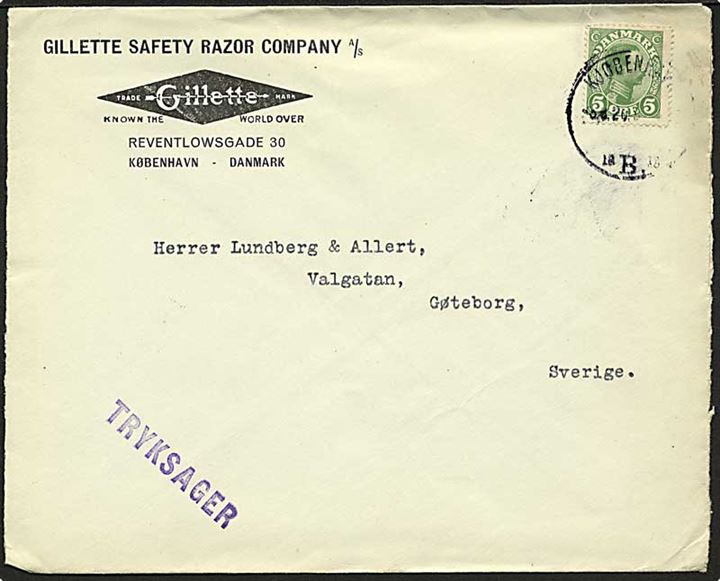 5 øre Chr. X single på illustreret firmakuvert fra Gillette Safty Razor Company A/S sendt som tryksag fra Kjøbenhavn d. 3.3.1920 til Göteborg, Sverige.