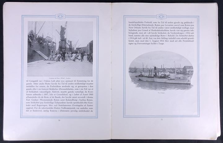 Det forenede Dampskibs-Selskab Aktieselskab 1866-1926. 140 sider illustreret jubilæumsskrift med rederihistorie, lister over skibe, ruter og agenter, samt flere landkort. Forstærket med tape og slidt i ryggen.