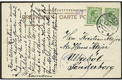 5 øre Chr. X i parstykke på brevkort fra Spjald d. 25.1.1916 til Ulkebøl pr. Sønderborg i Nordslesvig. Tysk censur.