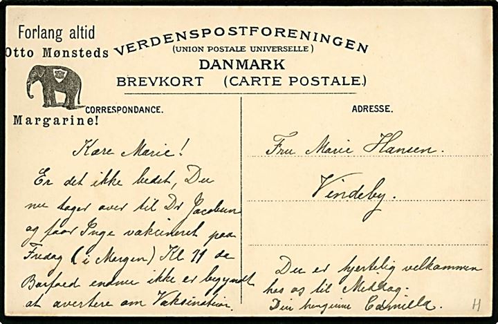 Vestmanhavn. Grindedrab. H.N. Jacobsen no. 744 E. Reklamekort for Otto Mønsted Margarine med Elefant logo!. 
