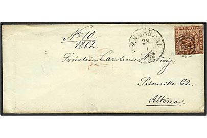 4 sk. 1858 udg. på brev annulleret med nr.stempel 54 og sidestemplet antiqua Rendsburg d. 28.1.1862 til Altona.