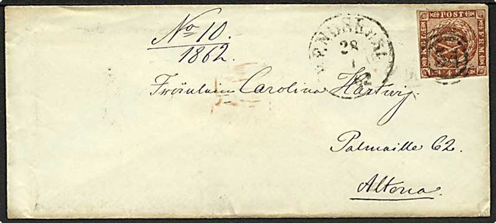 4 sk. 1858 udg. på brev annulleret med nr.stempel 54 og sidestemplet antiqua Rendsburg d. 28.1.1862 til Altona.