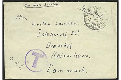 Ufrankeret britisk OAS feltpostbrev stemplet Egypt Postage Prepaid 20 d. 17.9.1946 til København, Danmark. Fra dansk soldat Schouw i The Buffs under rejse til Fjernøsten.