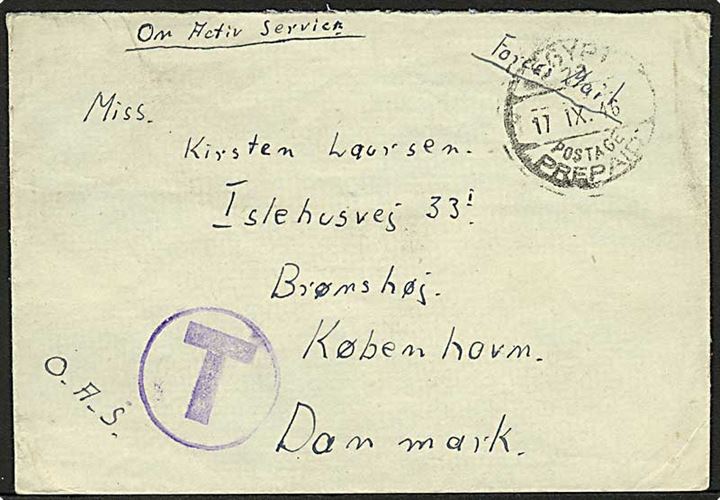 Ufrankeret britisk OAS feltpostbrev stemplet Egypt Postage Prepaid 20 d. 17.9.1946 til København, Danmark. Fra dansk soldat Schouw i The Buffs under rejse til Fjernøsten.