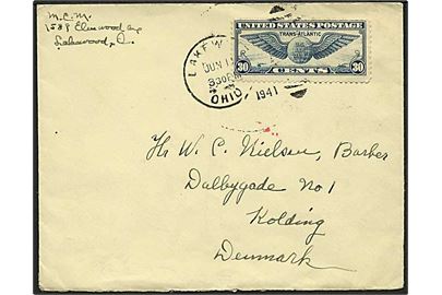 30 cents Winged Globe på brev fra Lakewood d. 11.6.1941 til Kolding, Danmark. Åbnet af tysk censur.