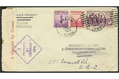 8 cents frankeret brev fra Canaan d. 27.10.1943 til Melbourne, Australien. Åbnet af australsk censur 