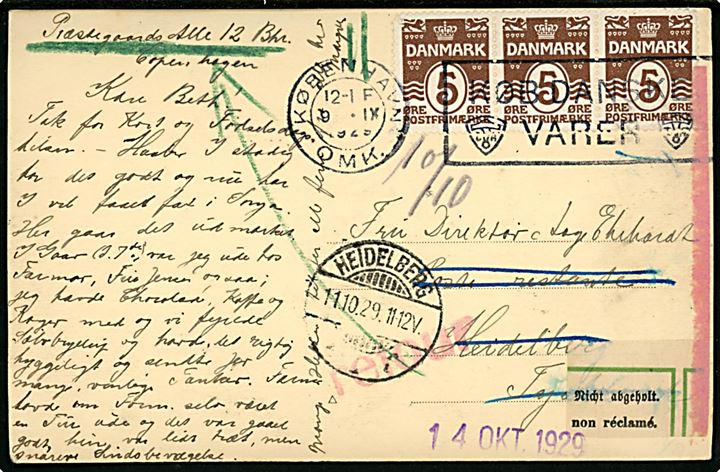 5 øre Bølgelinie i 3-stribe på brevkort fra København d. 9.9.1929 til poste restante i Heidelberg, Tyskland. Retur med 2-sproget returetiket Nicht Abgeholt.