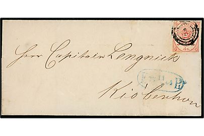4 sk. Krone/Scepter (Artigheds klippet) på brev annulleret med nr.stempel 1 og sidestemplet med ovalt fodpoststempel F:P: d. 11.7.1864 til Kjøbenhavn.