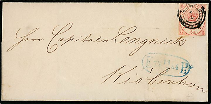 4 sk. Krone/Scepter (Artigheds klippet) på brev annulleret med nr.stempel 1 og sidestemplet med ovalt fodpoststempel F:P: d. 11.7.1864 til Kjøbenhavn.
