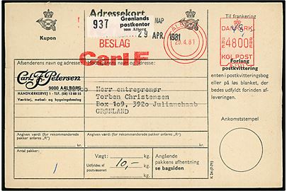 48 kr. firmafranko på adressekort for pakke fra firma Carl F. Petersen i Ålborg d. 29.4.1981 til Julianehåb, Grønland. Påsat pakke-reg. etiket fra Grønlands postkontor i Ålborg.
