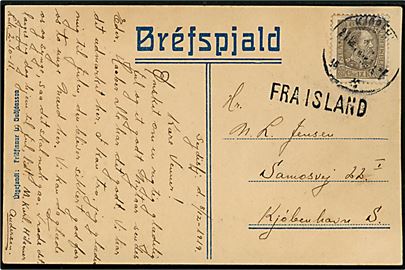 6 aur Chr. IX på julekort dateret Seydisfjord d. 8.12.1919 annulleret med dansk stempel i Kjøbenhavn d. 21.12.1919 og sidestemplet Fra Island til Kjøbenhavn, Danmark.