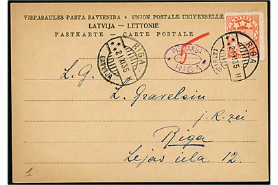 3 s. Soldesign single på underfrankeret lokalt brevkort i Riga d. 21.11.1935. Violet ovalt portostempel og udtakseret i 5 s. porto.