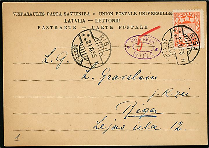3 s. Soldesign single på underfrankeret lokalt brevkort i Riga d. 21.11.1935. Violet ovalt portostempel og udtakseret i 5 s. porto.
