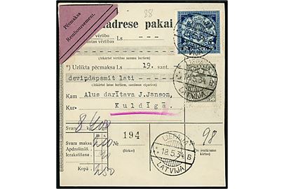 50 s. Soldesign og 2 L. Våben på adressekort for pakke med postopkrævning fra Liepaja d. 18.5.1934 til Kuldiga.