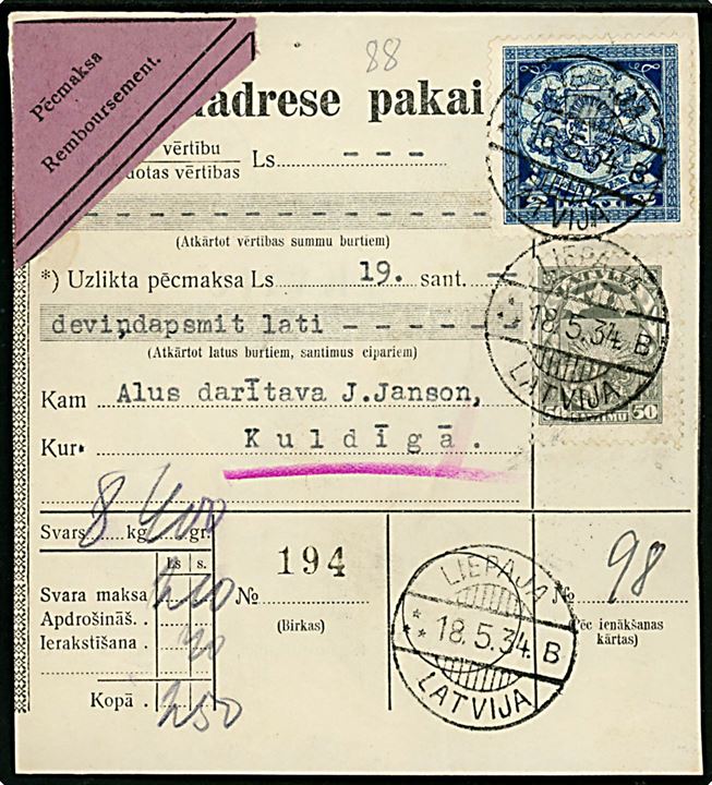 50 s. Soldesign og 2 L. Våben på adressekort for pakke med postopkrævning fra Liepaja d. 18.5.1934 til Kuldiga.