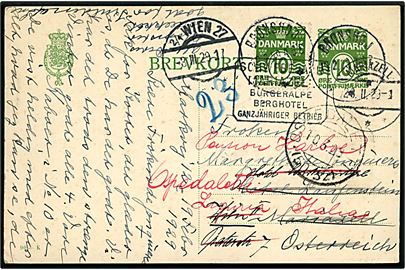 10 øre helsagsbrevkort (fabr. 90-K) opfrankeret med 10 øre Bølgelinie annulleret brotype IIIb d. 19.2.1929 til Østrig - eftersendt flere gange.