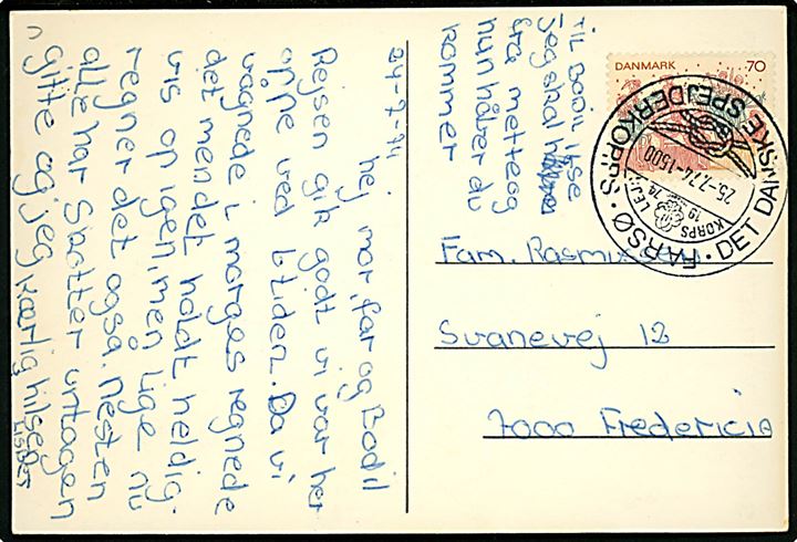 Det danske Pigespejderkorps. 70 øre Kalkmaleri på brevkort annulleret med særligt spejderstempel Farsø Korpslejr 1974 * Det danske Pigespejderkorps * d. 25.7.1974 til Fredericia.