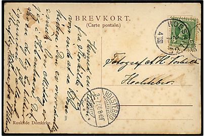 5 øre Chr. IX på brevkort annulleret med lapidar Roeskilde d. 2.7.1906 til Holstebro. Lapidar stempel benyttet som reservestempel.