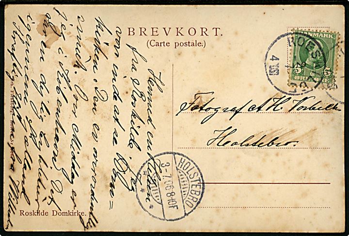 5 øre Chr. IX på brevkort annulleret med lapidar Roeskilde d. 2.7.1906 til Holstebro. Lapidar stempel benyttet som reservestempel.